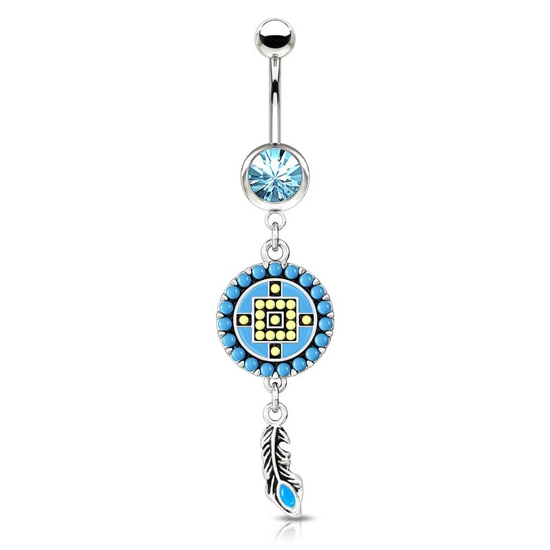 AZTEC TURQ FEATHER DANGLE NAVEL 14G 3/8"