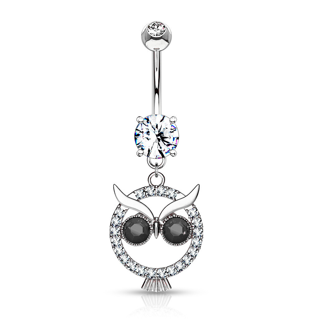 BLACK/CLEAR OWL DANGLE NAVEL 14G 3/8&quot;
