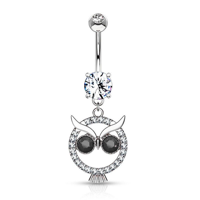 BLACK/CLEAR OWL DANGLE NAVEL 14G 3/8"