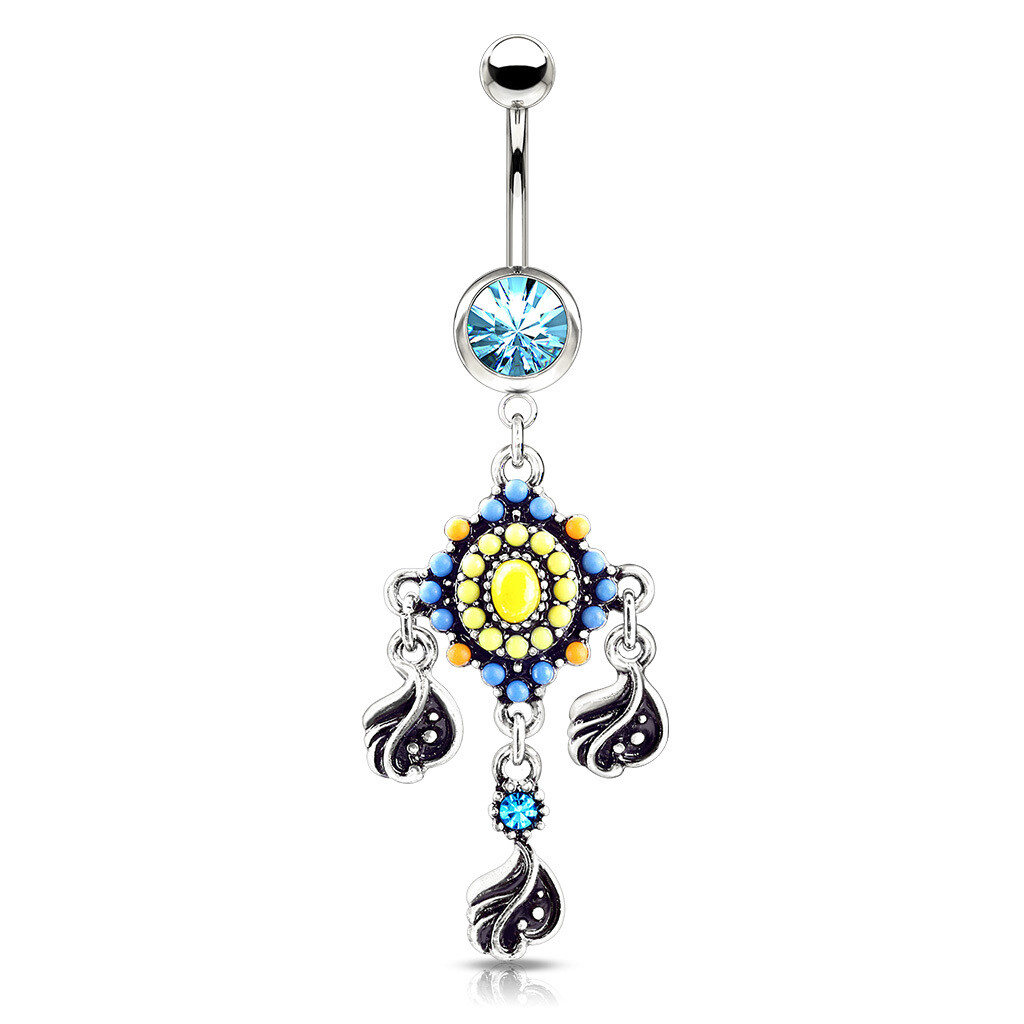 TRIBAL FEATHERS BEAD DANGLE NAVEL 14G 3/8&quot;