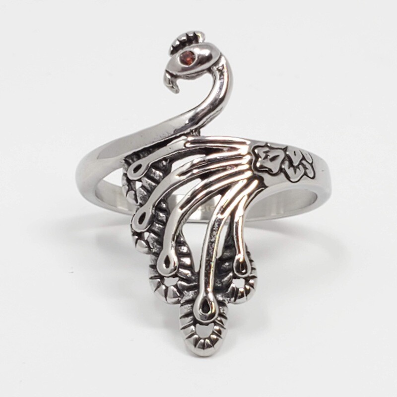 316L RED CZ EYE PEACOCK RING 