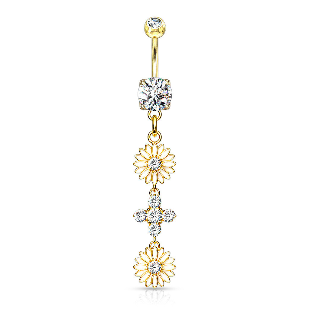 GOLD CZ ENAMEL FLOWER DANGLE 14G 3/8&quot;
