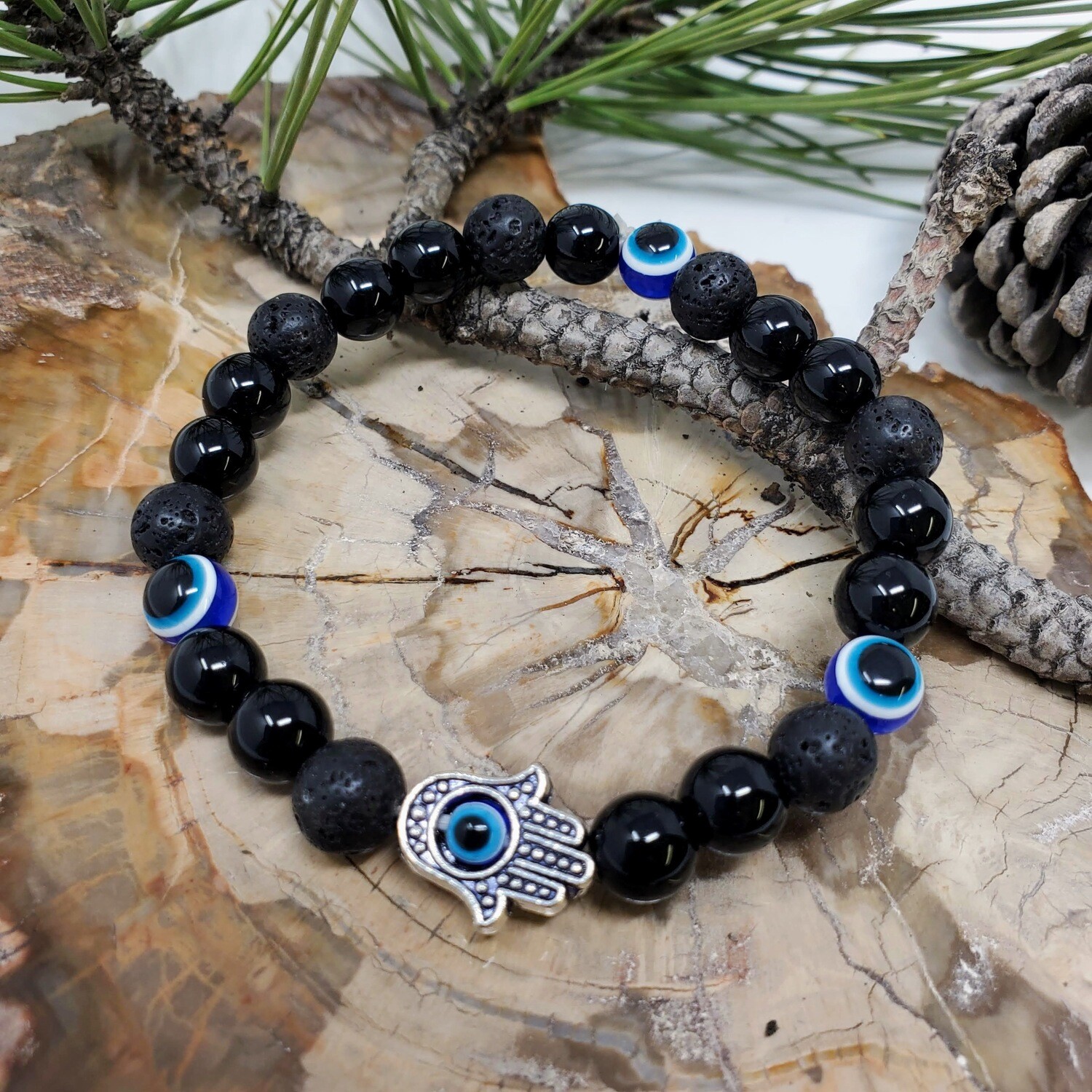 HAMSA EVIL EYE LAVA/GEMSTONE BRACELET