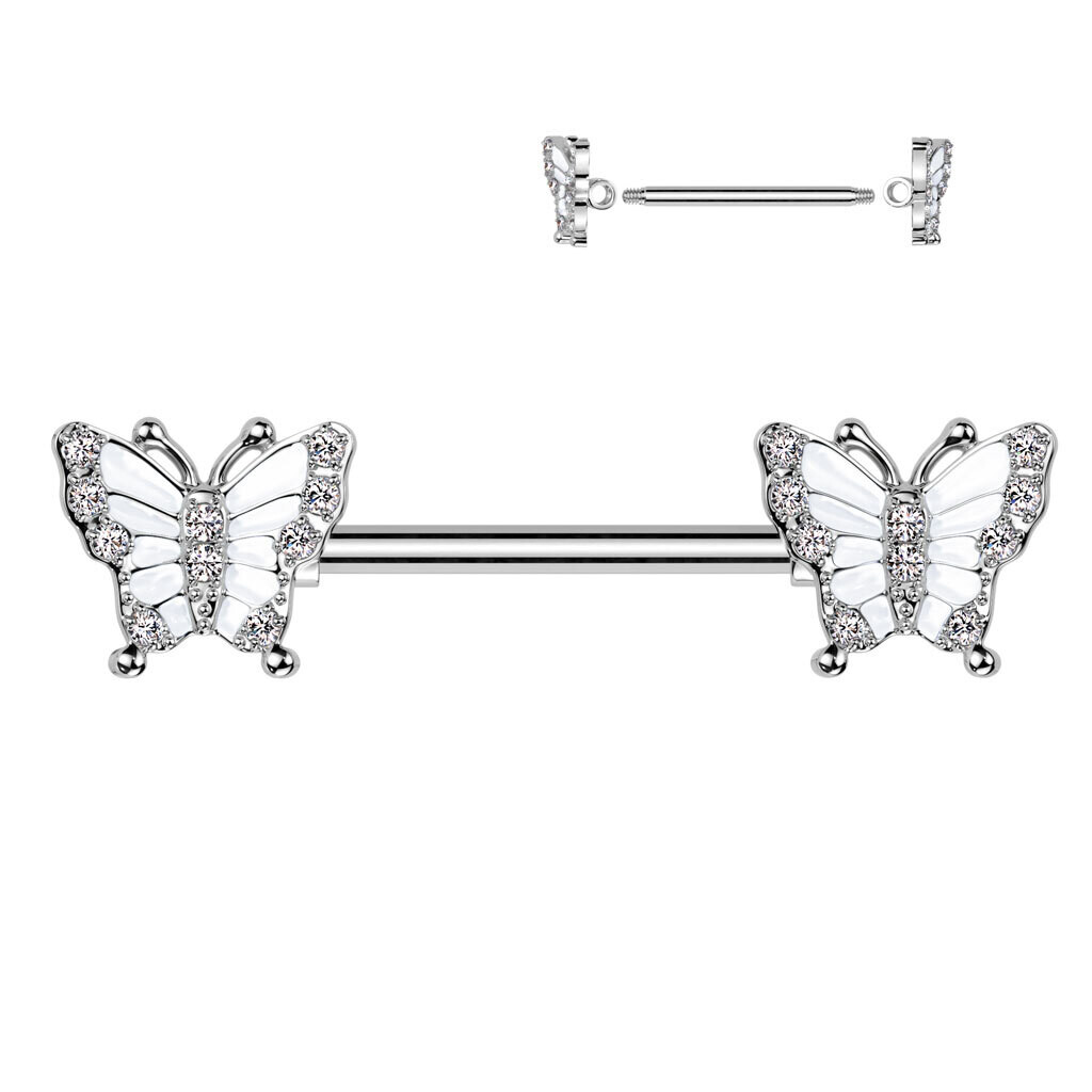 14G 9/16&quot; CZ WHITE BUTTERFLY NIPPLE BARS