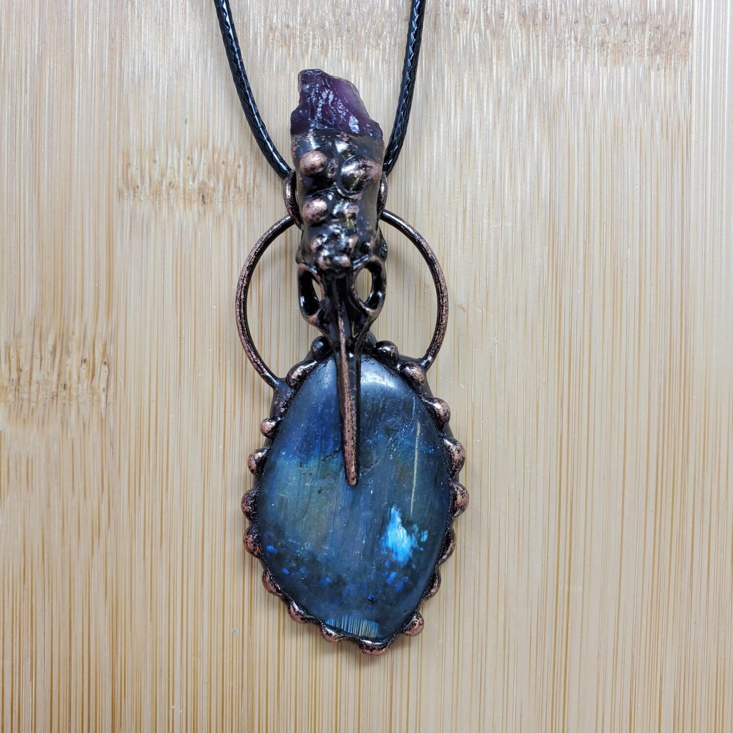 AMETHYST/LABRADORITE CROW SKULL ORNATE NECKLACE