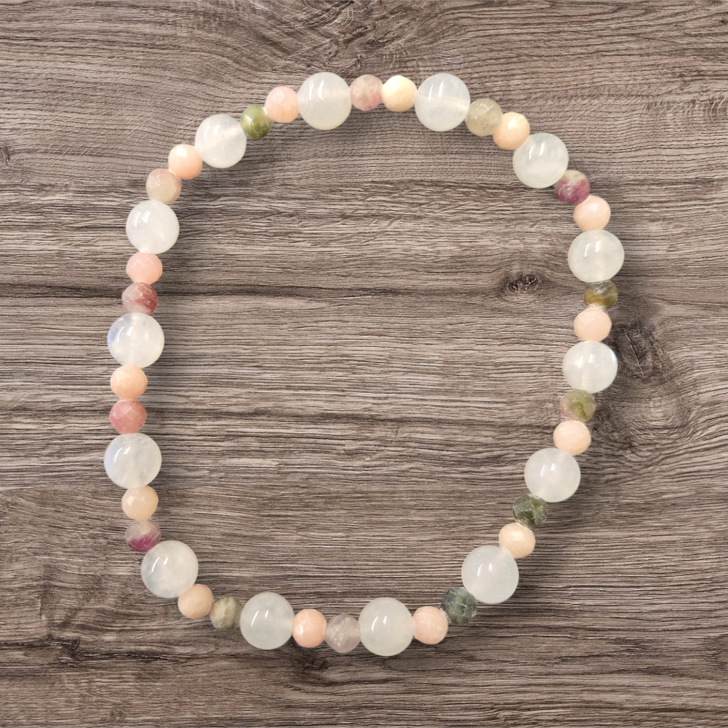 MOONSTONE/W.TOURM/PINK OPAL 6-4MM BRACELET