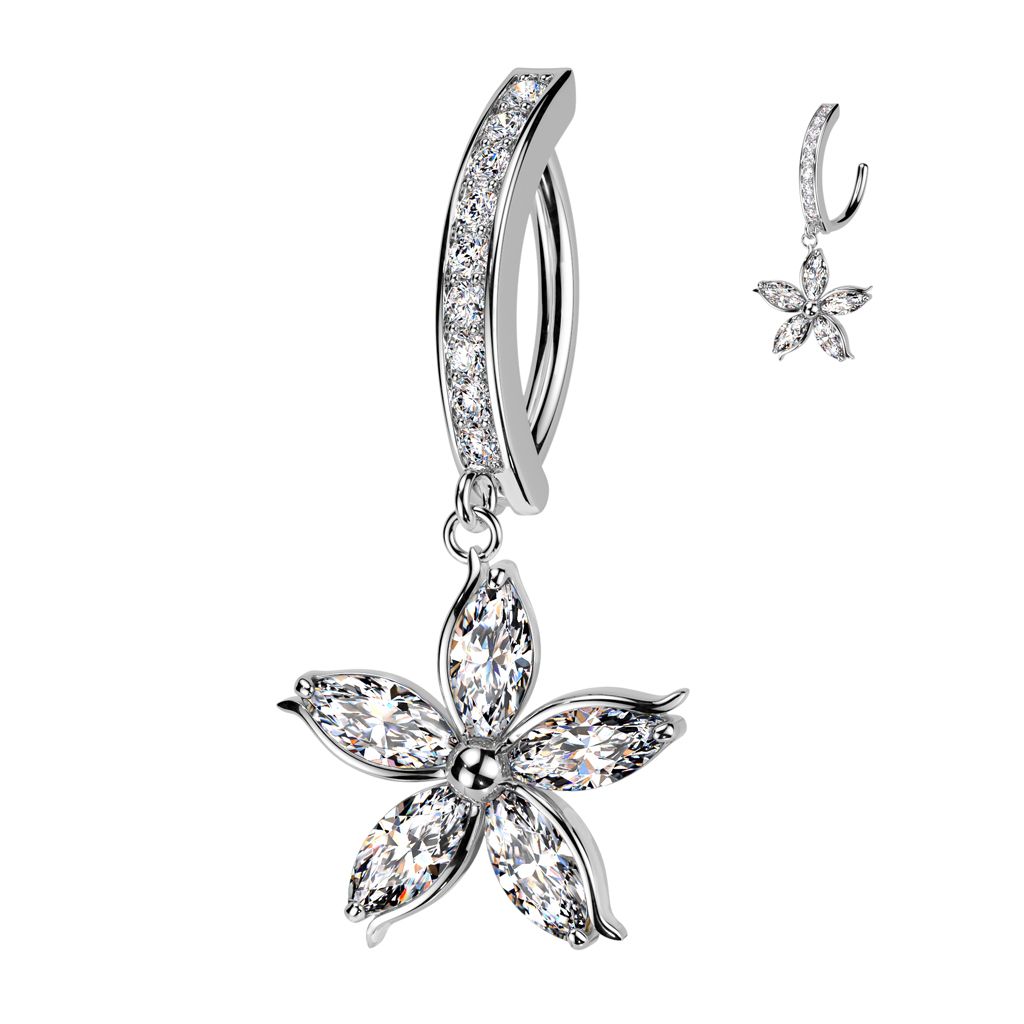 316L CZ FLOWER DANGLE 14G 7/16&quot; HINGE NAVEL