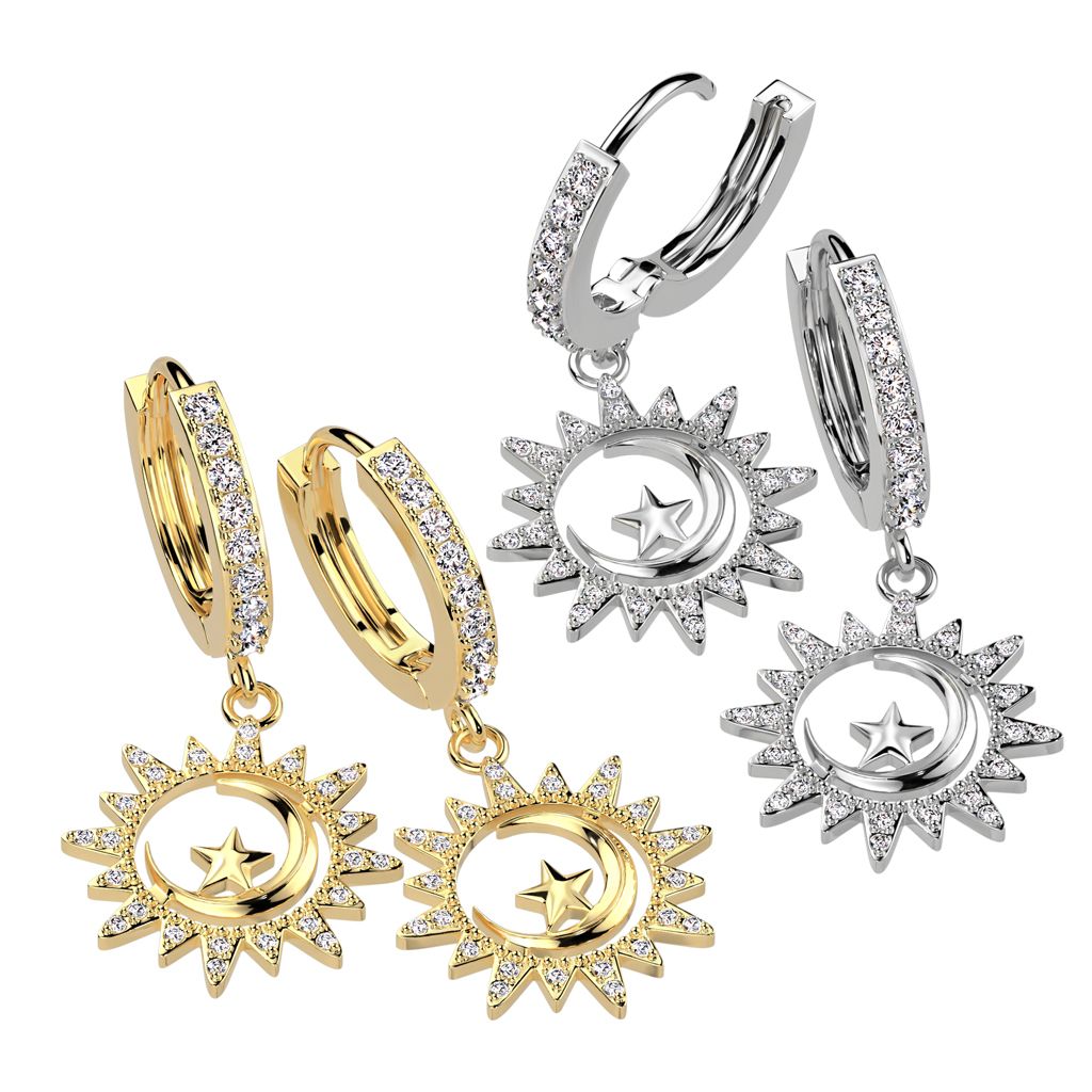 GEM MOON/STAR DANGLE HINGE EARRINGS