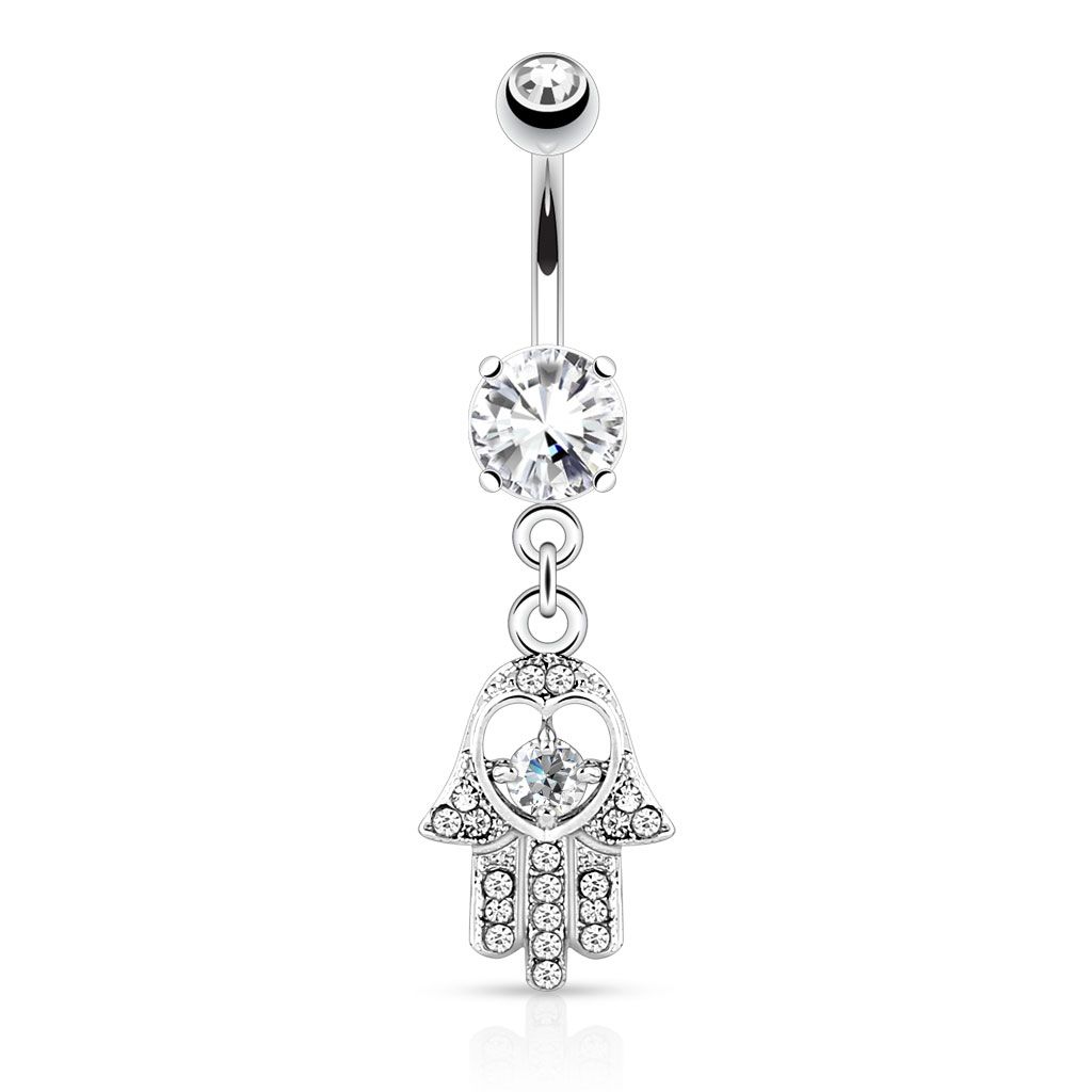 CLEAR GEM HAMSA DANGLE NAVEL 14G 3/8&quot;