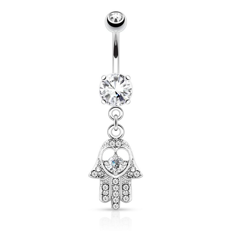 CLEAR GEM HAMSA DANGLE NAVEL 14G 3/8"