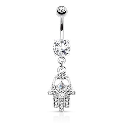 CLEAR GEM HAMSA DANGLE NAVEL 14G 3/8&quot;