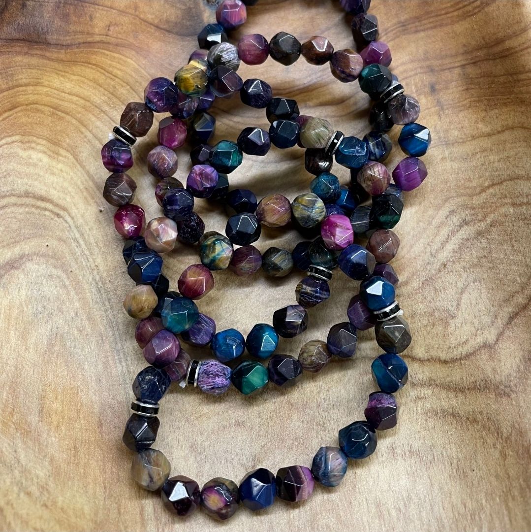 MULTI-COLOR DYED TIGER EYE FACETED 8MM BRACELET multi color dyed tiger eye faceted 8mm gemstone stretch bracelet