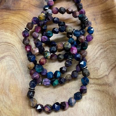MULTI-COLOR DYED TIGER EYE FACETED 8MM BRACELET multi color dyed tiger eye faceted 8mm gemstone stretch bracelet