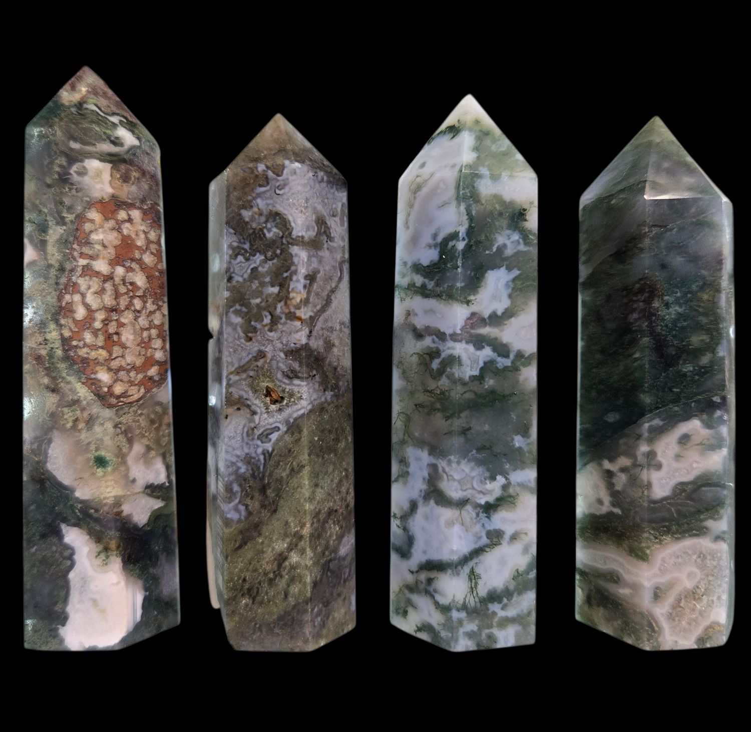 Moss Agate Obelisk Tower – Natural Green &amp; White Crystal Point With Moss-Like Inclusions