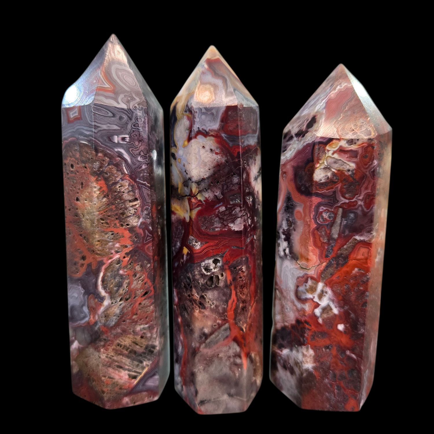 Moroccan Agate Tower – Natural Red, Orange, and Grey Banded Crystal Point With Swirling Patterns