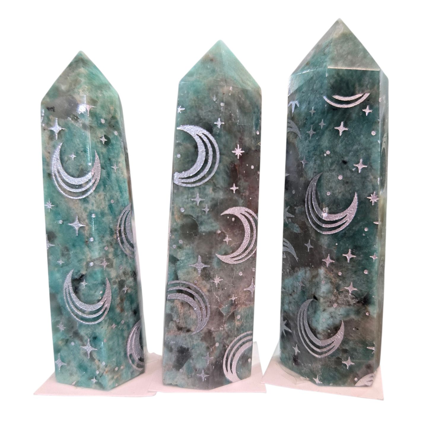 Moon Print Amazonite and Smoky Quartz Obelisk Tower – Green Crystal Point With Silver Moon and Star Printings
