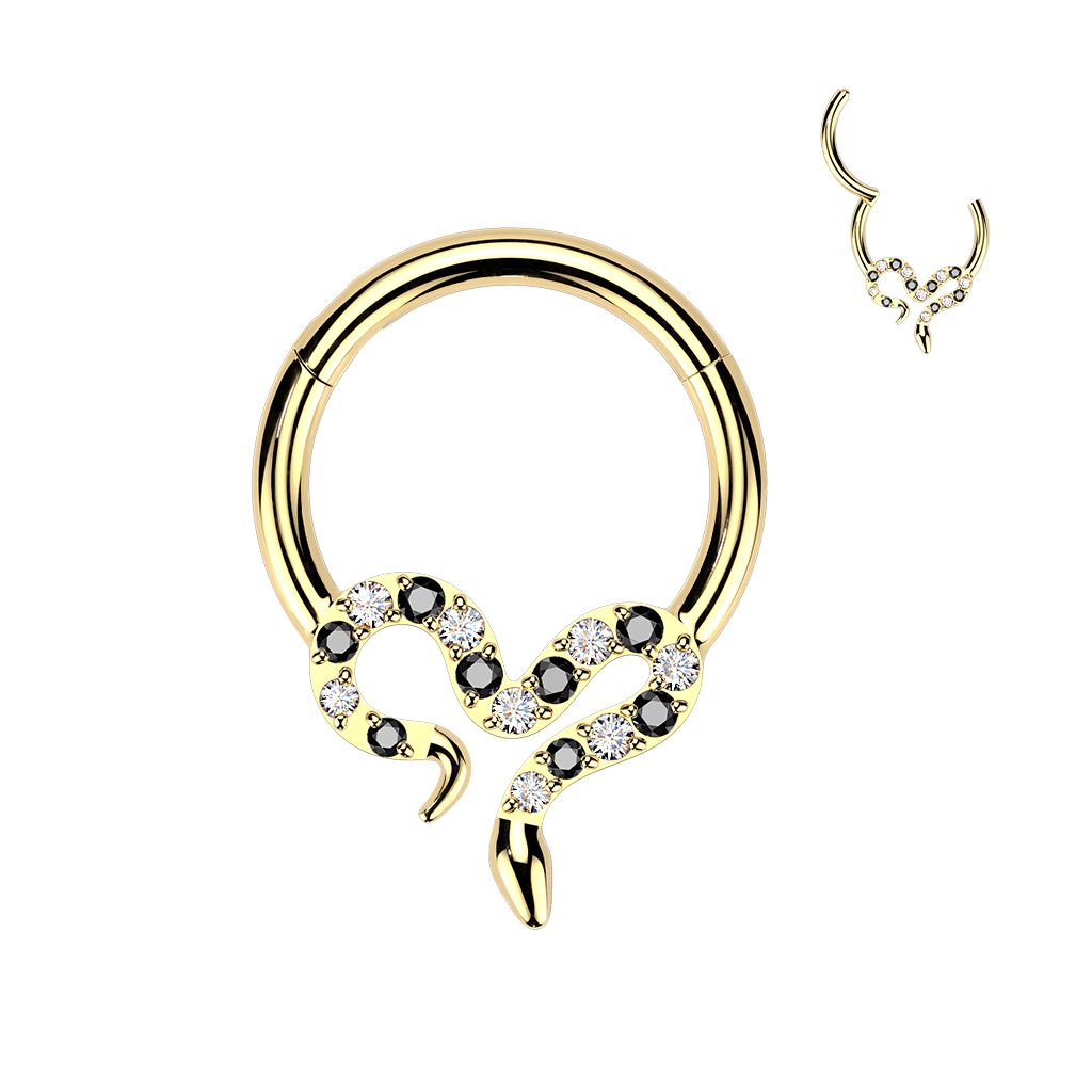 Gold anodized GR23 titanium 16G 3/8 snake heart hinged segment ring with clear and black CZ gems