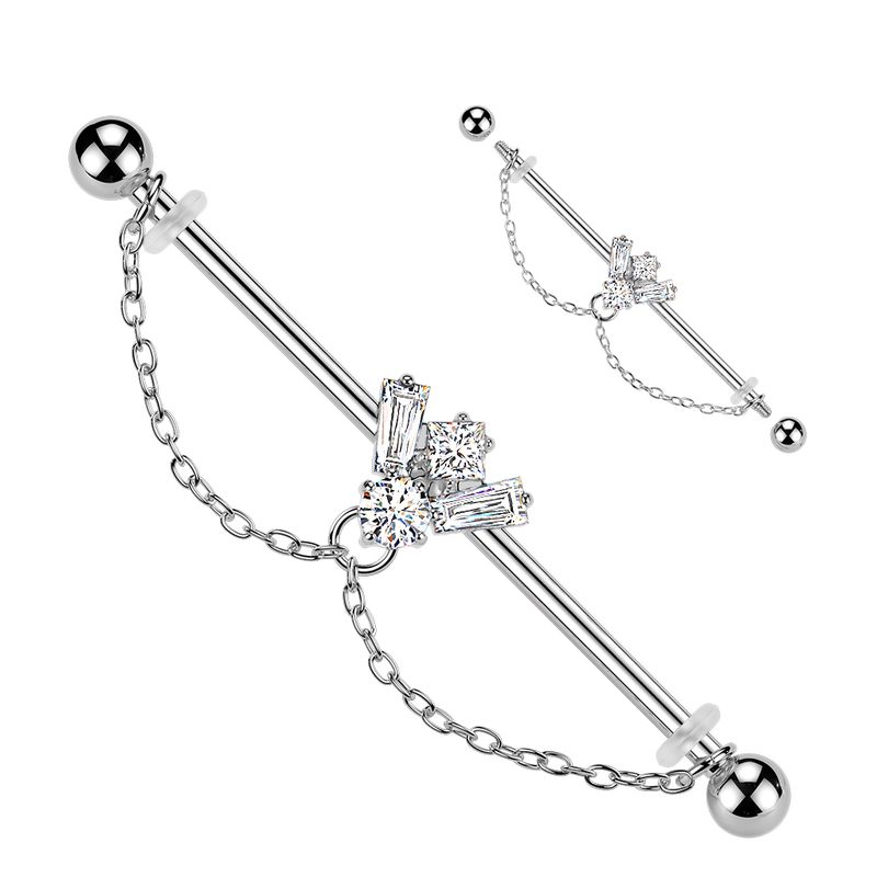 Surgical steel 14G industrial barbell with CZ bee charm and decorative chain.