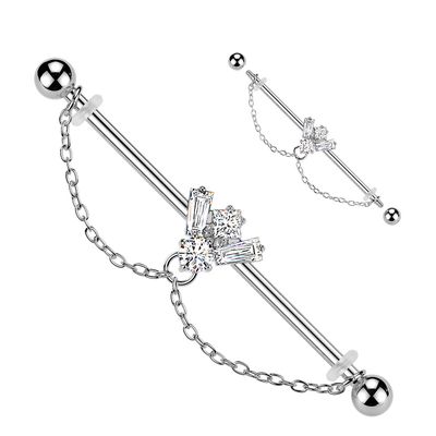 Surgical steel 14G industrial barbell with CZ bee charm and decorative chain.