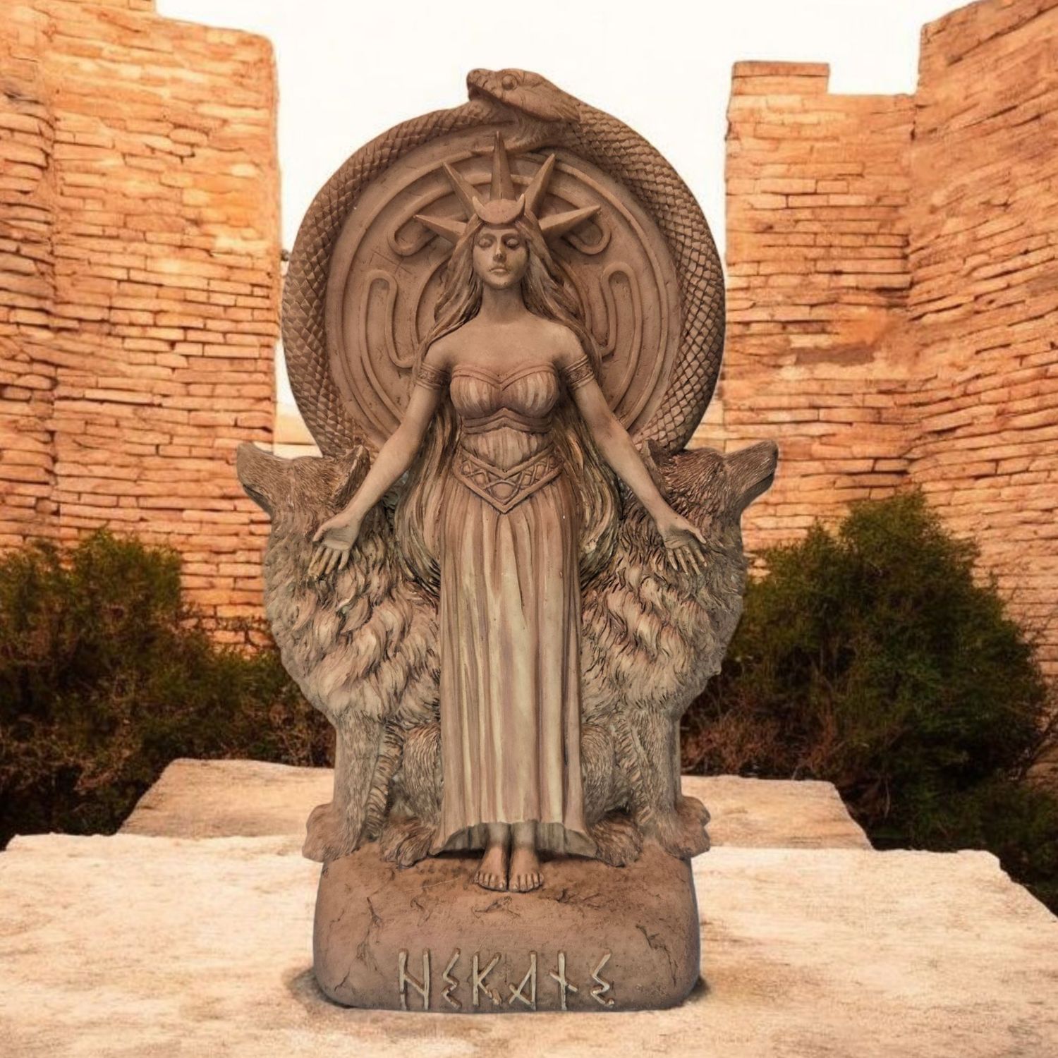 Hand-painted Hecate statue with wolves, Ouroboros serpent, and triple moon symbols, 9-inch Greek goddess of magic.