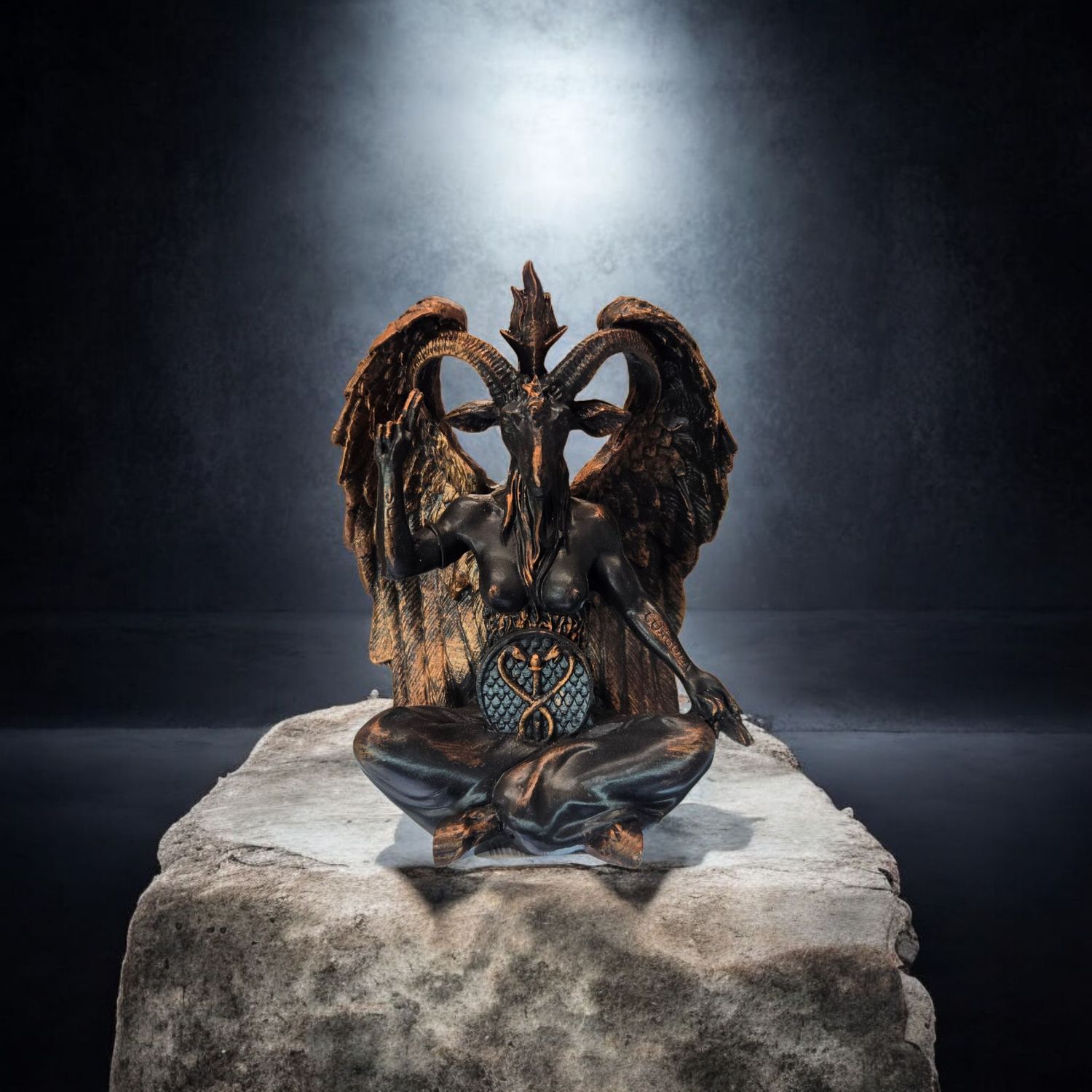 Hand-painted bronzed Baphomet statue seated with wings and caduceus, symbolizing balance and occult wisdom.