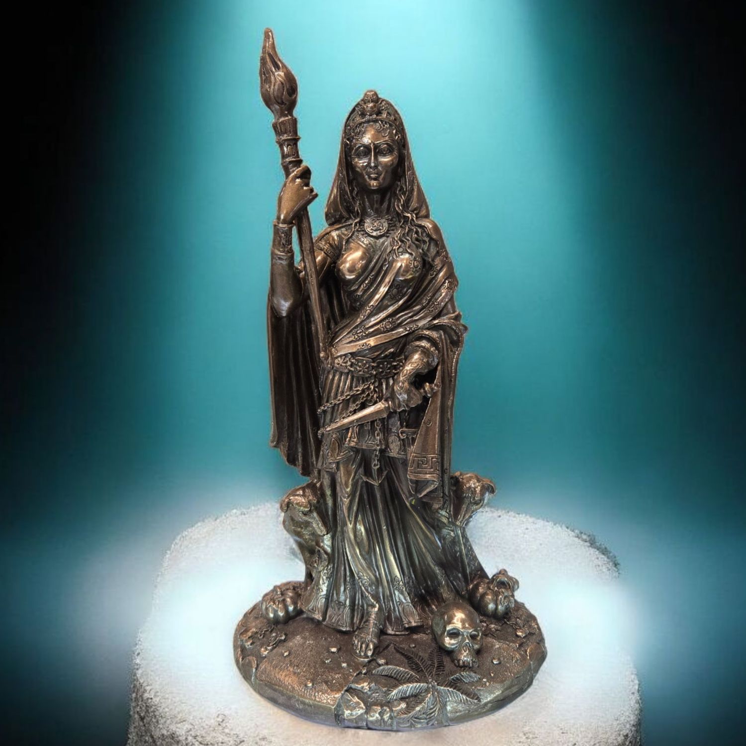 Bronzed Hecate statue holding torch and dagger, detailed resin figure of Greek goddess of witchcraft and the crossroads.