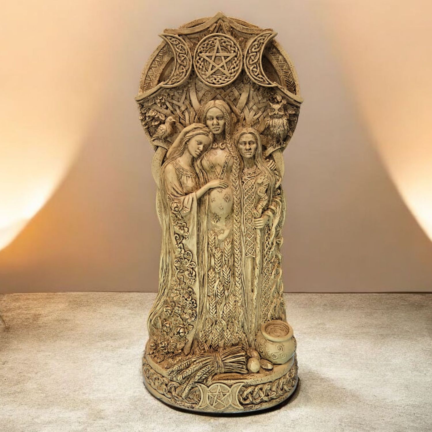 Hand-painted Triple Goddess statue with maiden, mother, crone beneath triple moon and pentacle, 9 inch pagan altar decor.