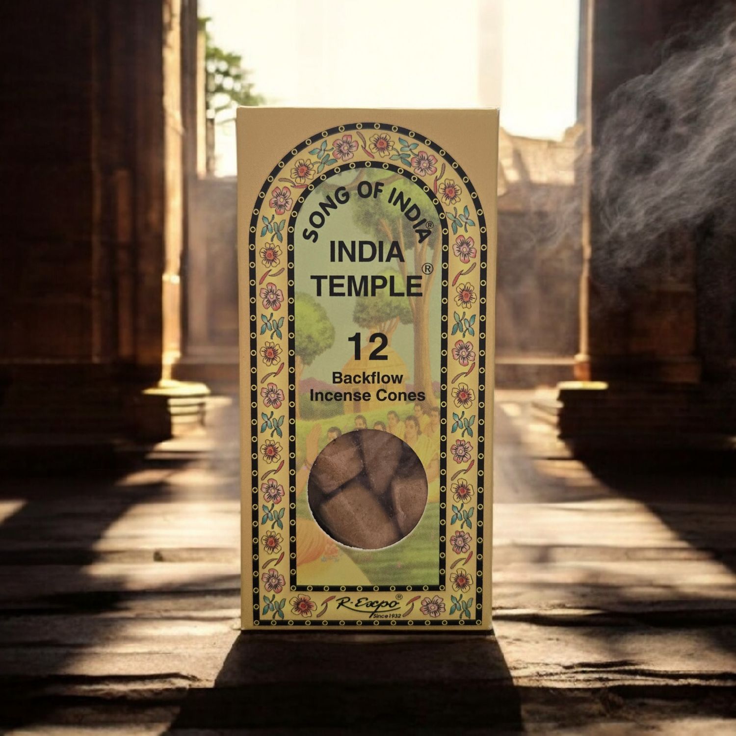 India Temple backflow incense cones box with smoke waterfall effect for meditation and spiritual cleansing