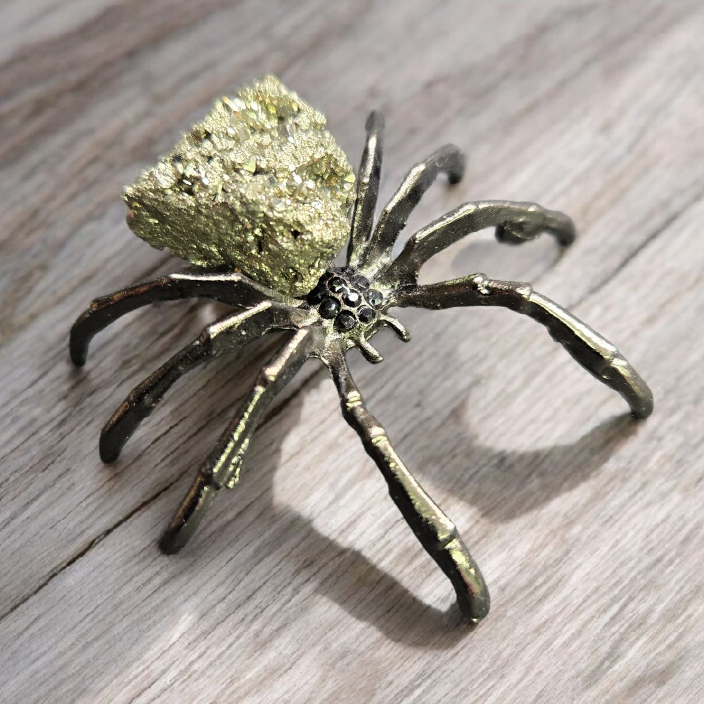 SM PYRITE SPIDER Small Pyrite Spider crystal carving with metallic spider body and golden pyrite cluste