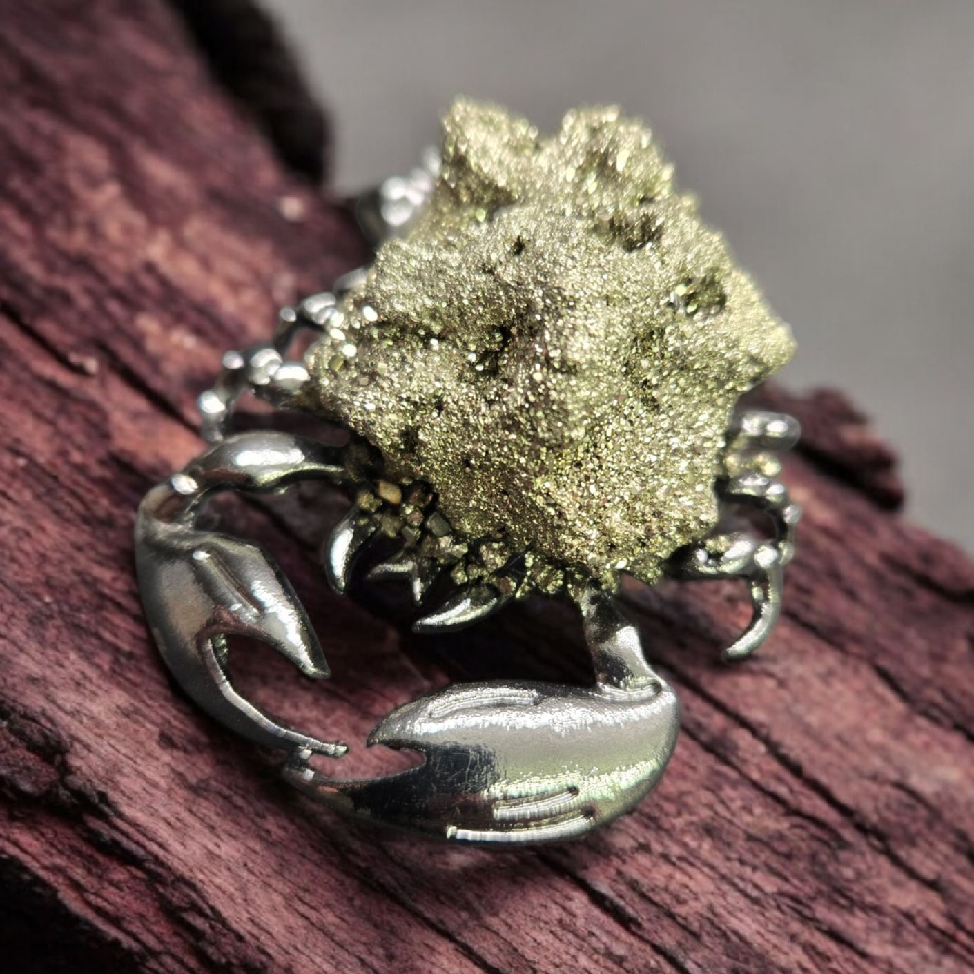 LG PYRITE SCORPION Pyrite scorpion crystal carving with golden pyrite cluster and metallic scorpion body