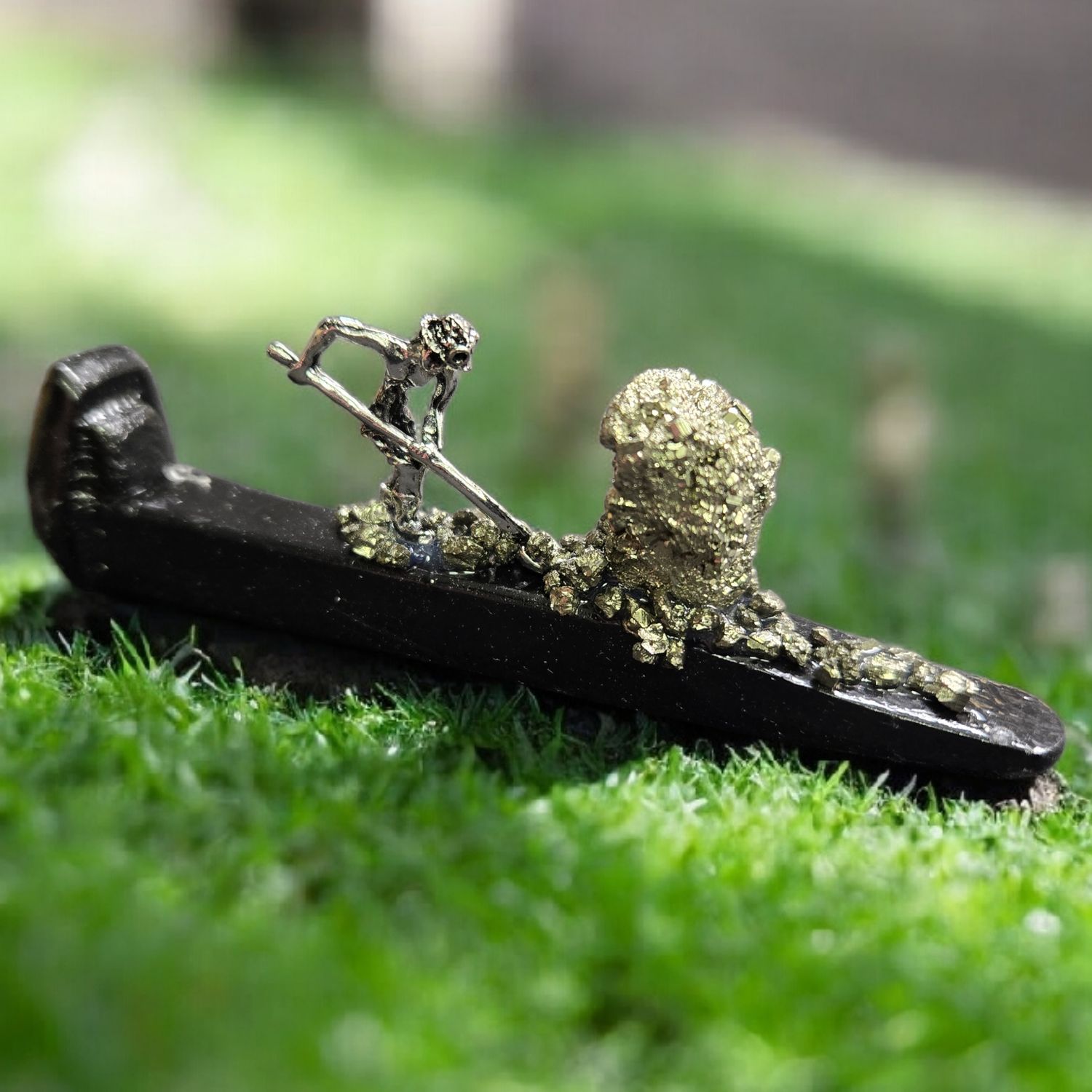 PYRITE MINER ON RAILROAD SPIKE Pyrite Miner on Railroad Spike with metal mining figure and natural pyrite cluster