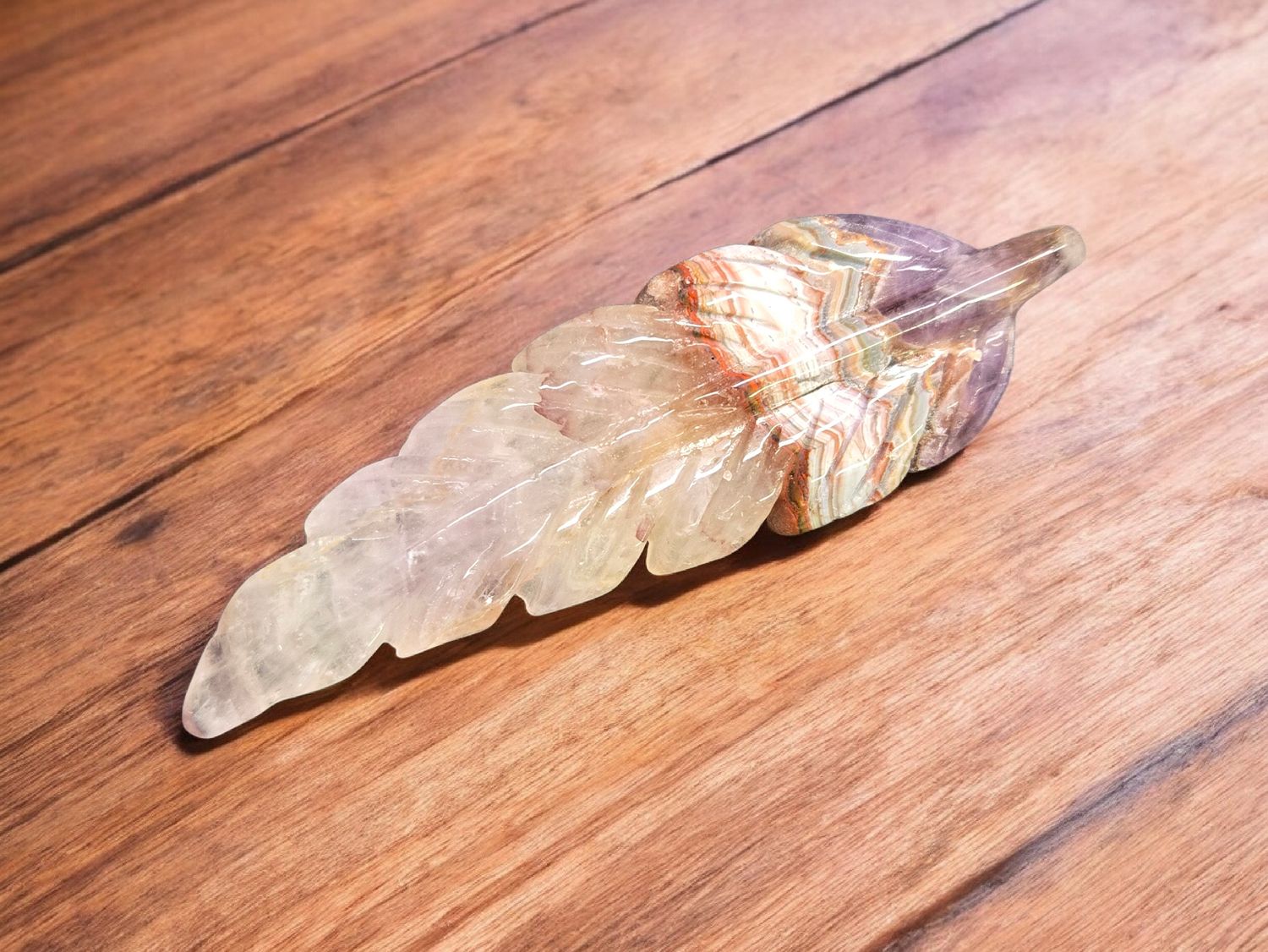 AMETHYST LACE AGATE FEATHER #4 Amethyst Lace Agate feather crystal carving with lavender, cream, and banded patterns, approx 4.75 inches long
