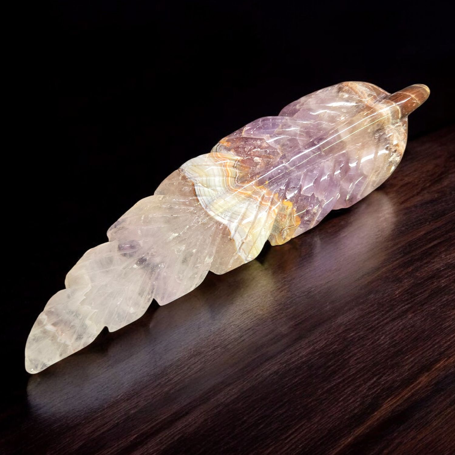 Large Amethyst Lace Agate feather crystal carving with purple, cream, and lace banding, approx 6.5 inches long