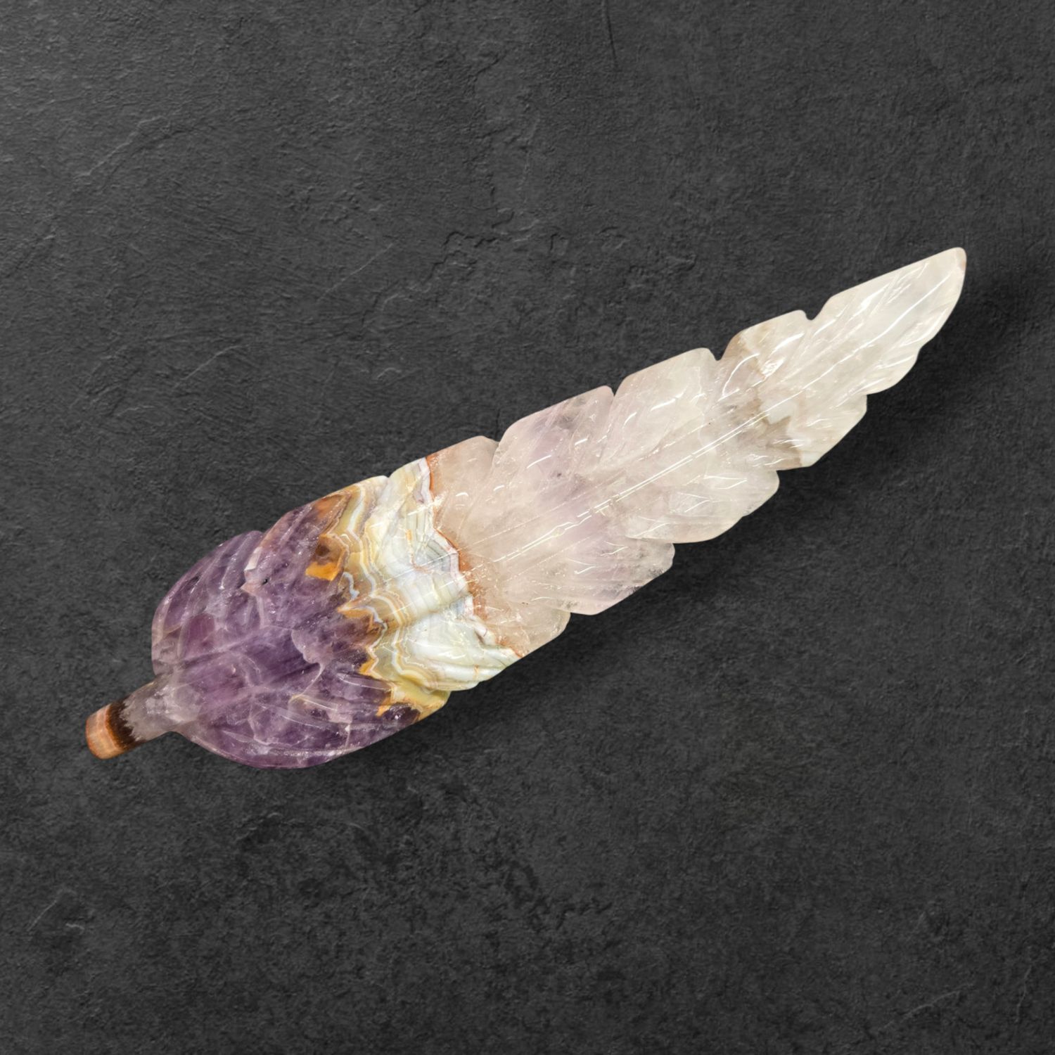Large Amethyst Lace Agate feather crystal carving with purple, cream, and lace banding, approx 6.5 inches long