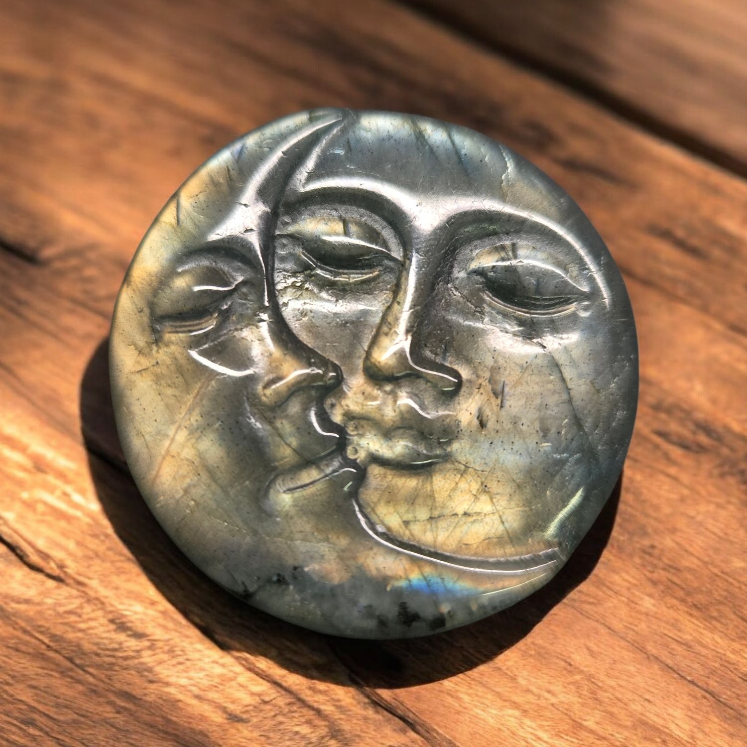 AA labradorite sun and moon carving with natural blue flash