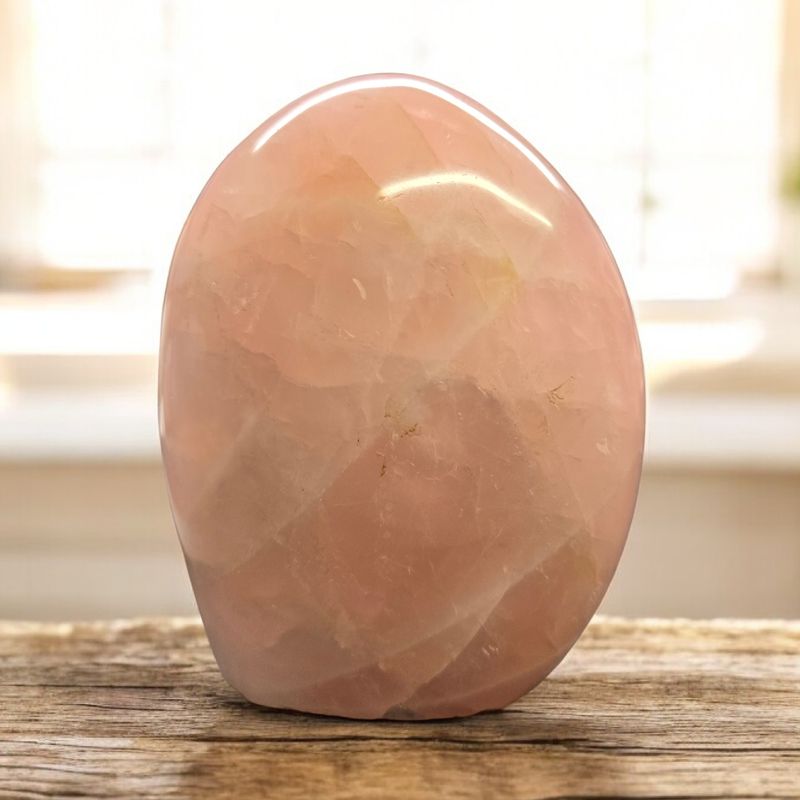 Rose quartz freeform crystal with soft pink tones and polished finish