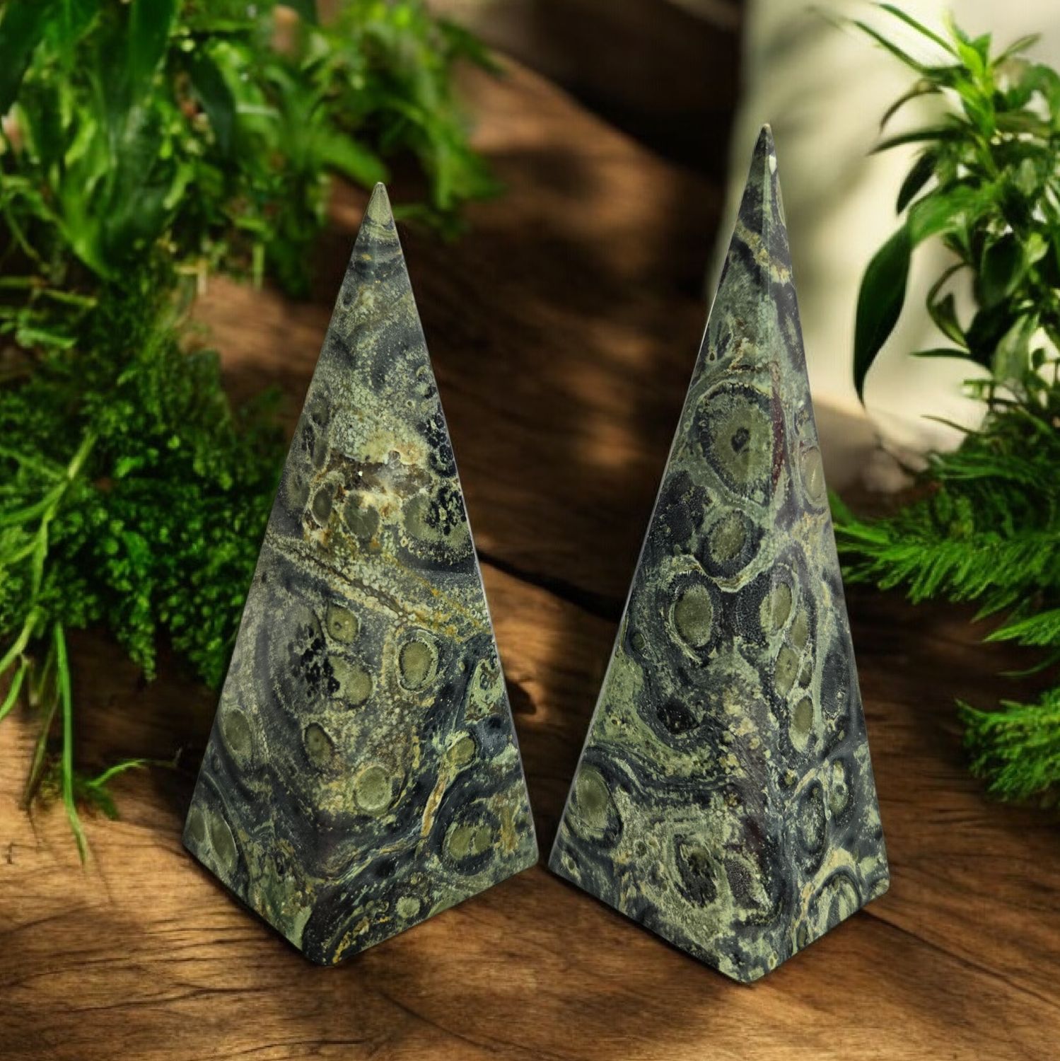 Kambaba jasper skinny pyramid with natural green and black orb patterns
