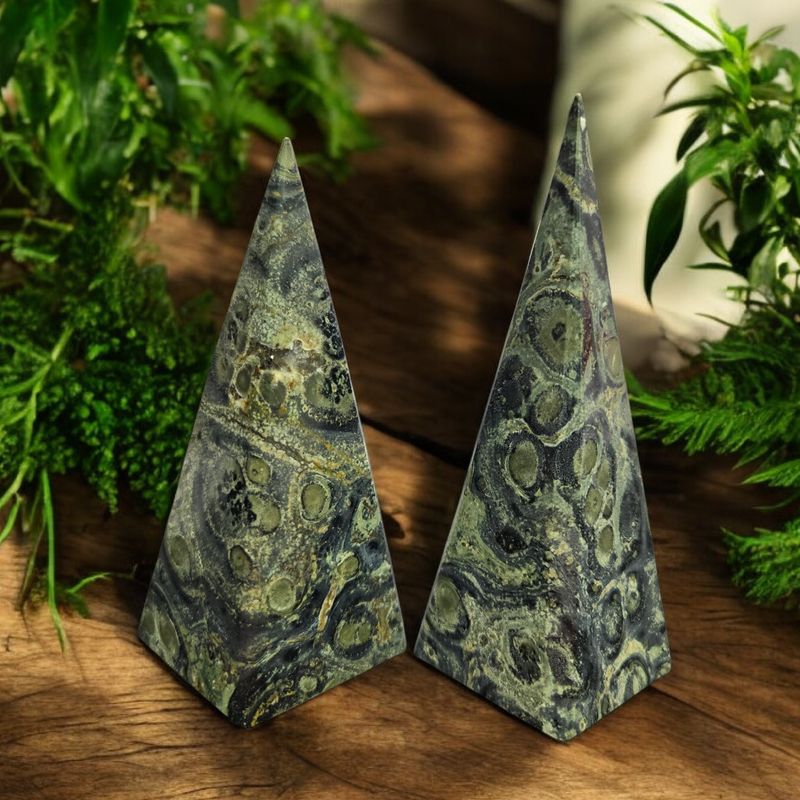 Kambaba jasper skinny pyramid with natural green and black orb patterns