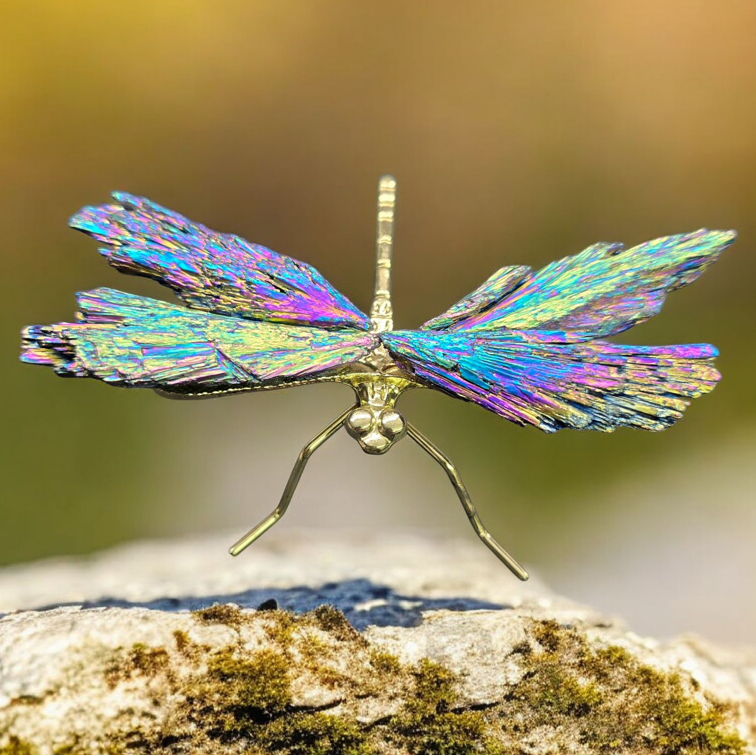 Rainbow aura kyanite dragonfly with iridescent crystal wings