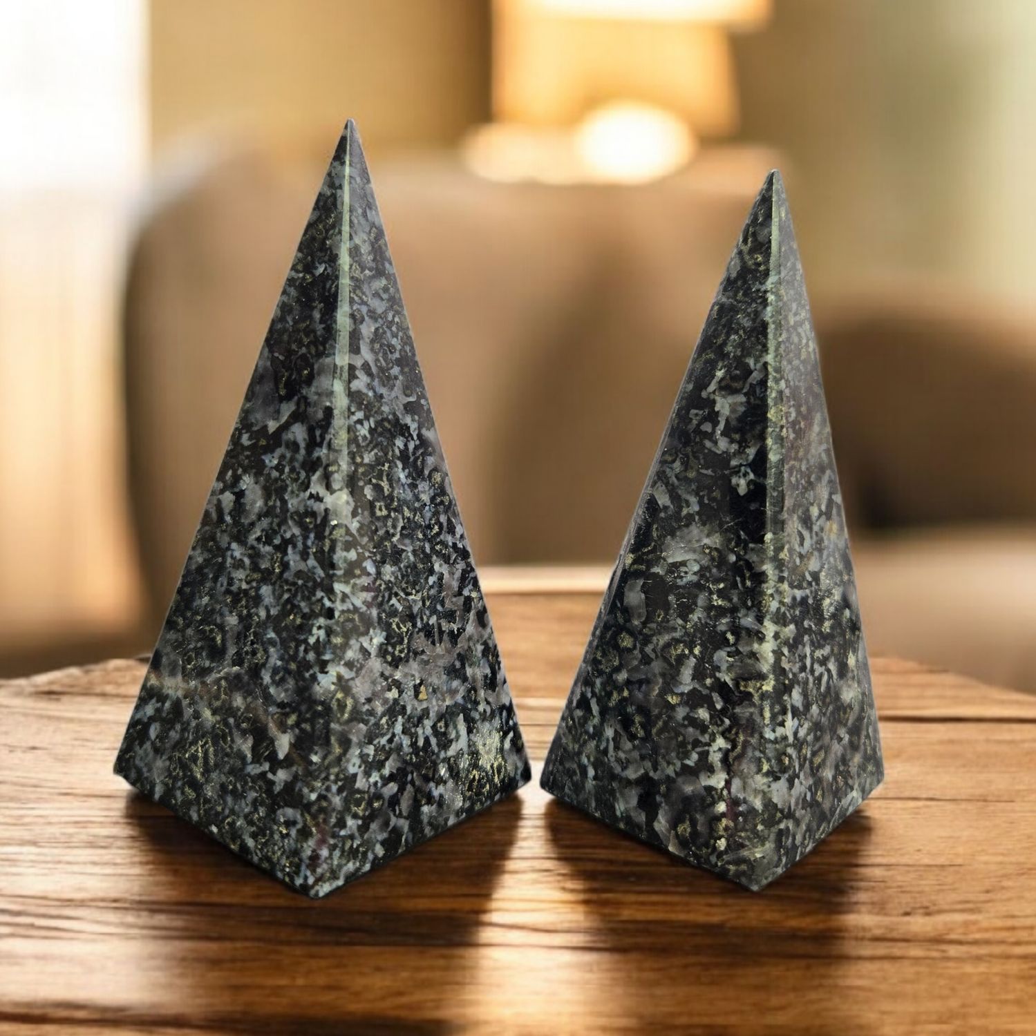 Indigo gabbro skinny pyramid crystal with dark marbled pattern
