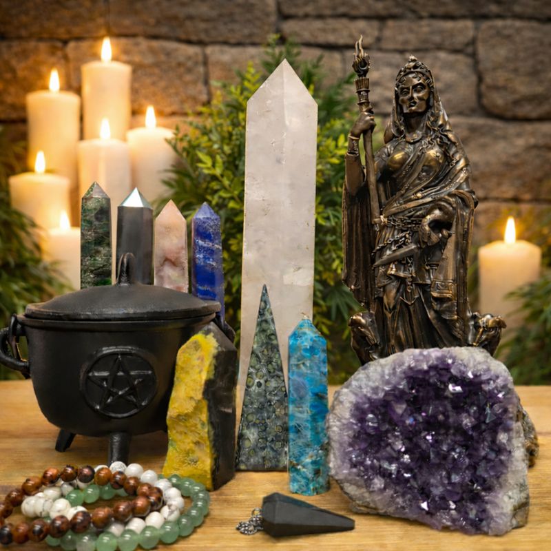 Crystal shop altar display with healing crystal towers, amethyst cluster, cauldron, and candles at Arkadys Metaphysical Gifts