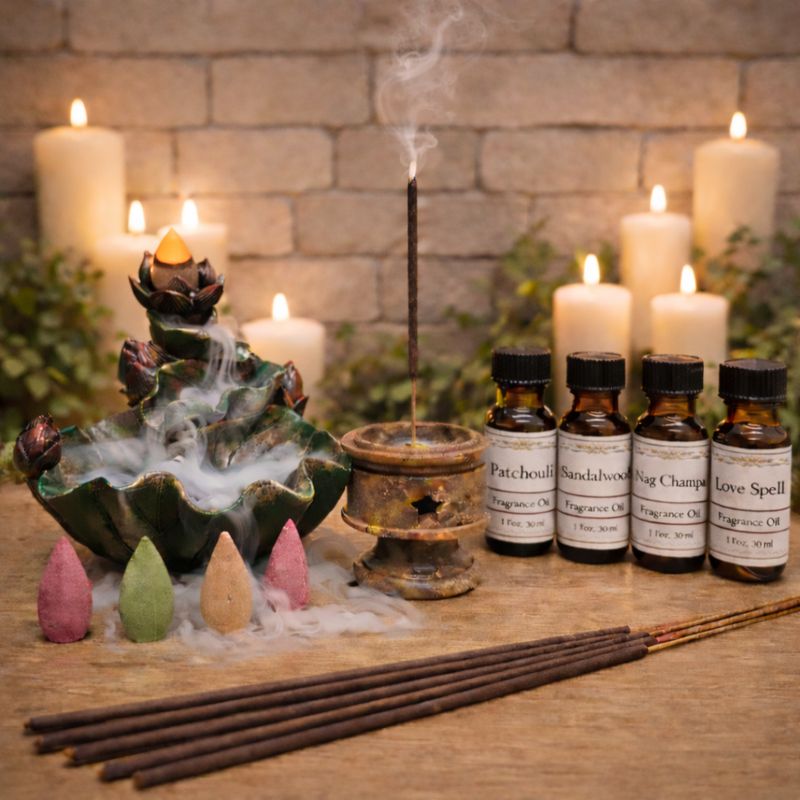 Incense burner and candles display for fragrance oils at Arkadys Metaphysical Gifts Amarillo Texas