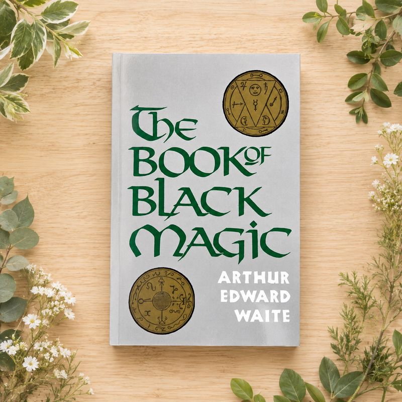 The Book of Black Magic by Arthur Edward Waite displayed on a light wooden table with greenery.