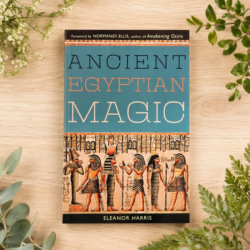 Ancient Egyptian Magic by Eleanor Harris displayed on a light wooden table with greenery.