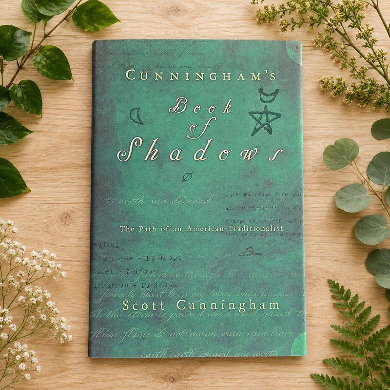 Cunningham’s Book of Shadows by Scott Cunningham on a light wooden table with greenery.