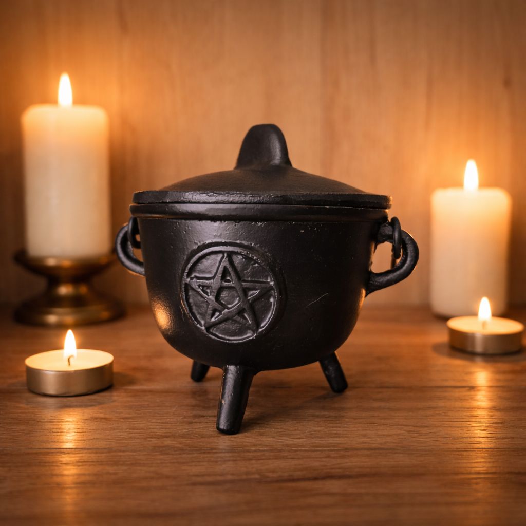 Cast iron pentagram cauldron with lid on wooden altar with candles, ritual incense burner for metaphysical use Amarillo TX