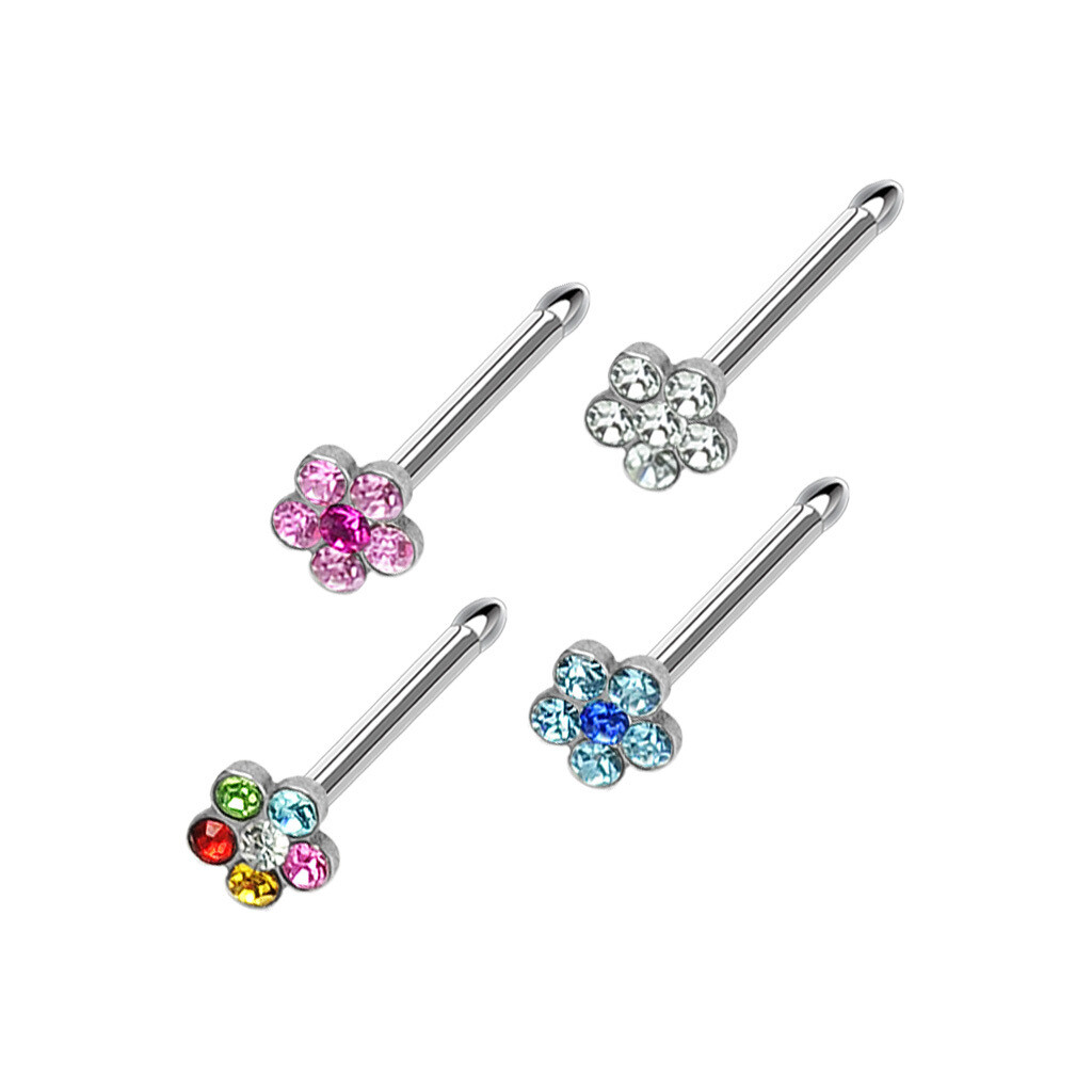 Four 20G stainless steel nose bones with assorted gem flower accents.
