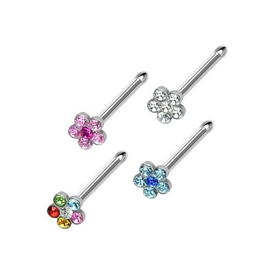 Four 20G stainless steel nose bones with assorted gem flower accents.