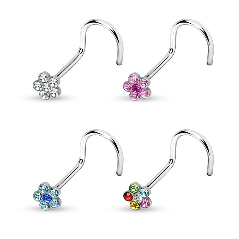 Four assorted gem flower nose screws in 316L stainless steel, available in 18G or 20G.