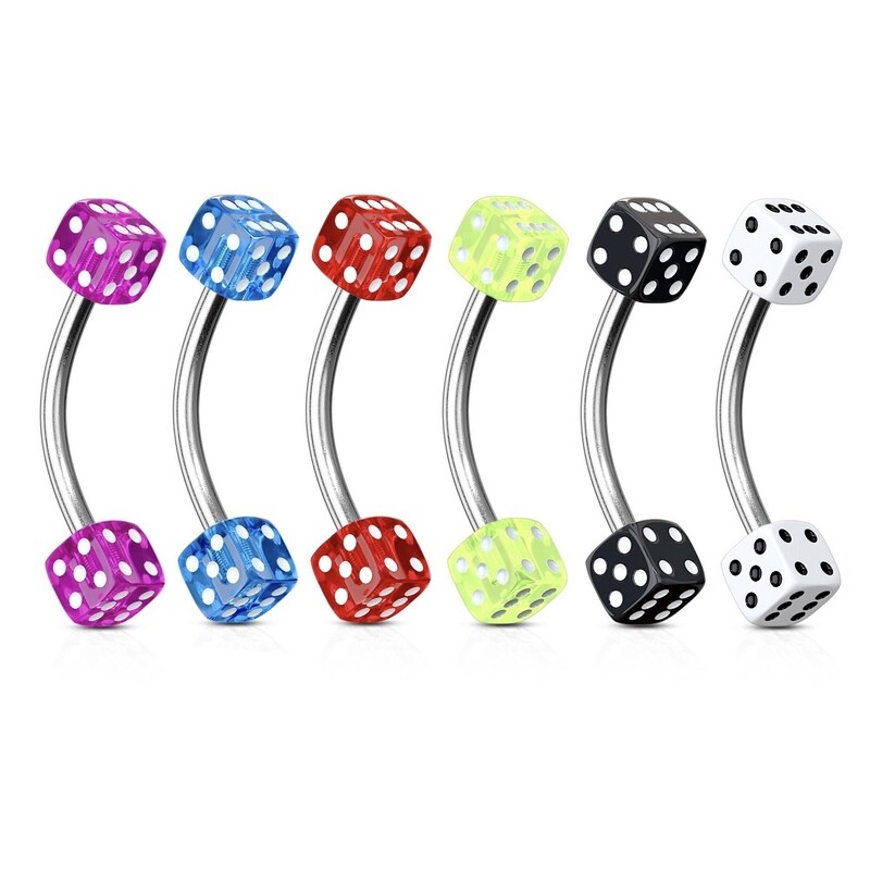 Six 16G curved eyebrow rings with colorful acrylic dice ends and stainless steel bars.